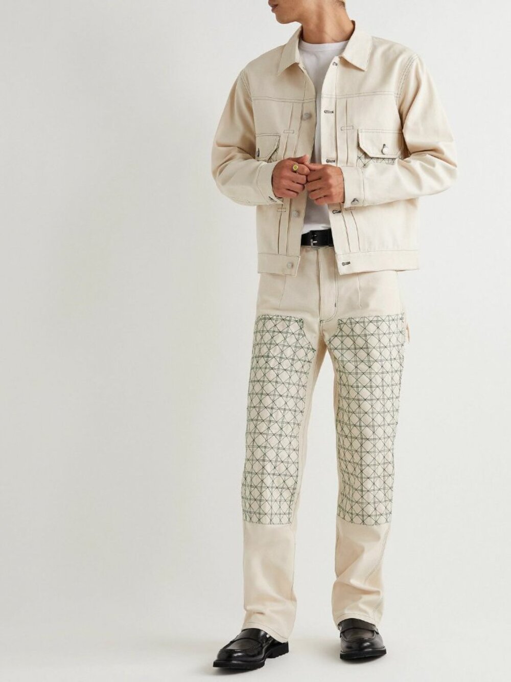 Hayato Today Cesca Double Knee Pants Cream Green Embroidery Canvas | Size S
